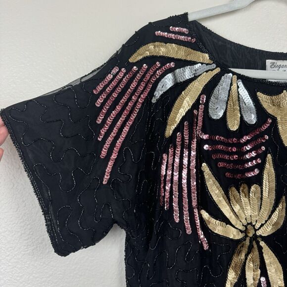 Vintage Elegance By Anujan Beaded Sequin Short Sleeve Silk Blouse Black Medium - Picture 3 of 15
